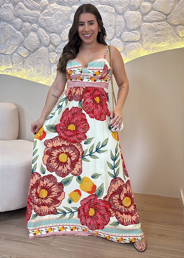 Vestido Midi Feminino em Viscolinho Floral Vermelho com Busto Meia Taça e Alças Reguláveis