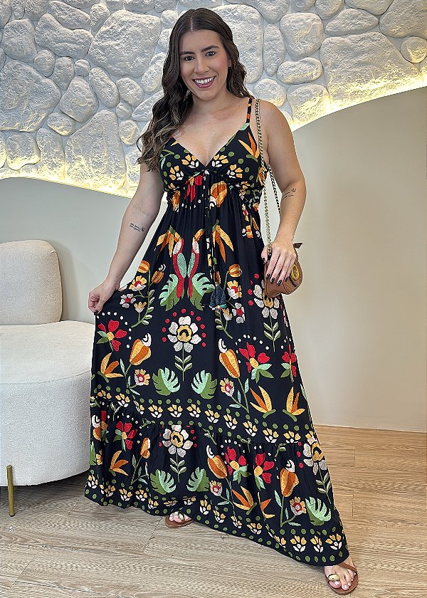 Vestido Longo Estampado Floral Preta em Viscolinho com Bojo e Elastex – Elegância e Conforto