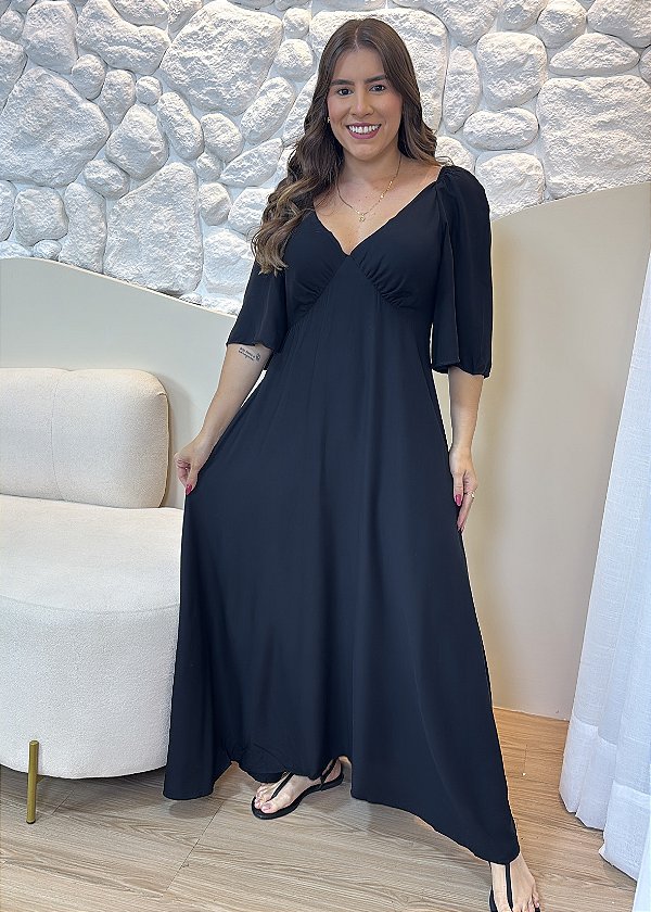 Vestido Longo Preto de Viscose Feminino com Decote V e Elastec nas Costas – Leve e Elegante