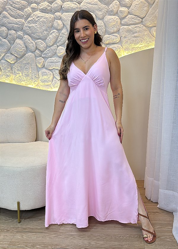 Vestido Longo Feminino de Viscose Liso Rosa com Decote V e Alças Finas – Leve e Elegante