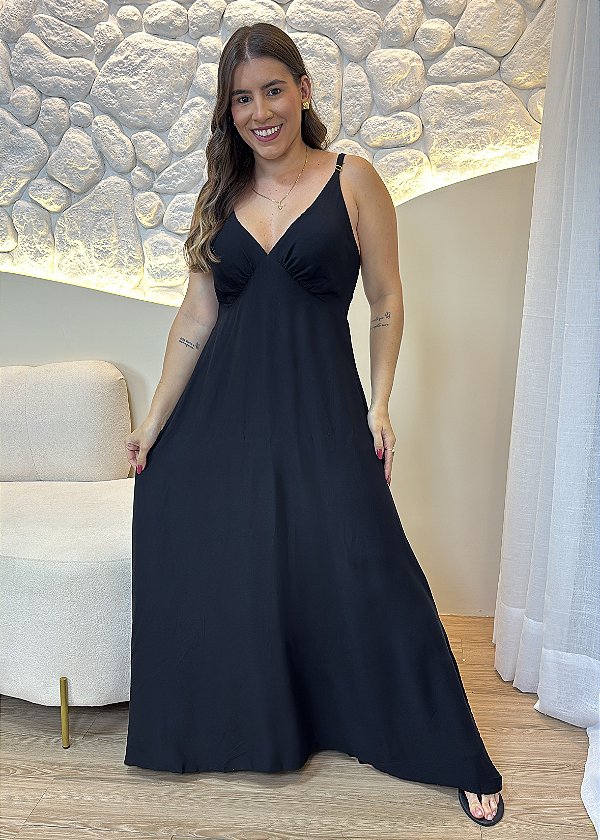 Vestido Longo Feminino de Viscose Liso Preto com Decote V e Alças Finas – Leve e Elegante