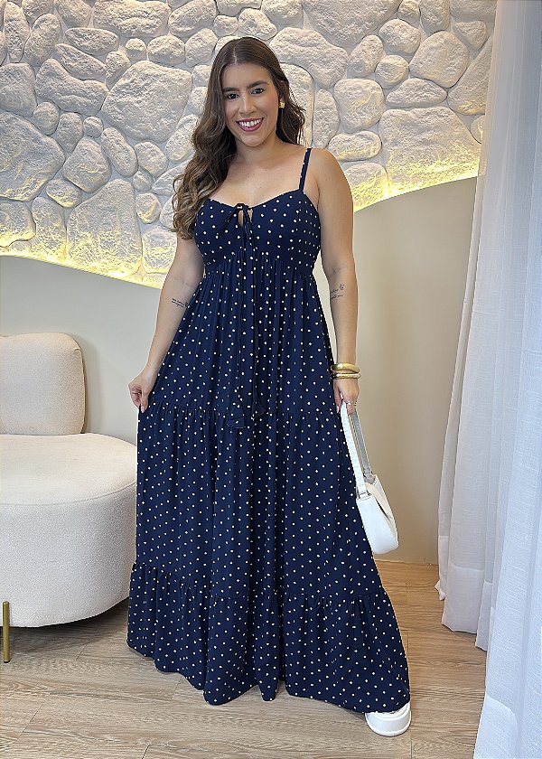 Vestido Longo Azul Marinho de Poá em Viscose com Alças e Lastex – Romântico e Elegante