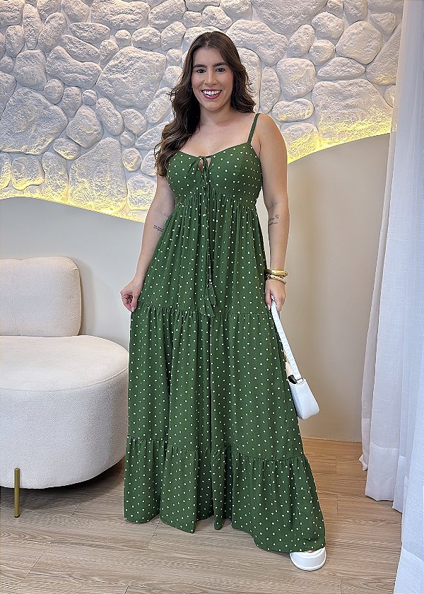 Vestido Longo Verde de Poá em Viscose com Alças e Lastex – Romântico e Elegante