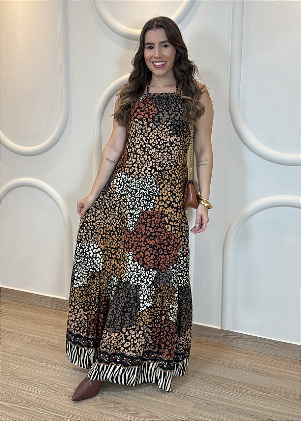 Vestido Longo Animal Print Preto Feminino em Viscolinho Frente Única - Leve e Elegante