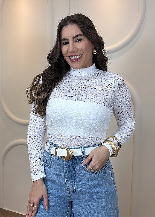 Body de Renda Branco Feminino Manga Longa Gola Alta com Transparência