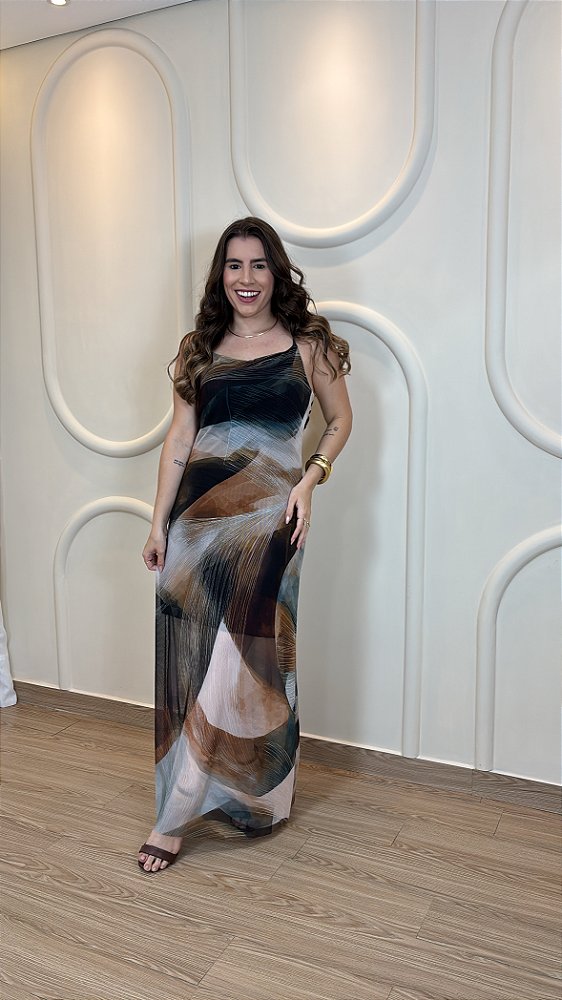 Vestido Midi Tule Nude+Verde Transparência e Amarração nas Costas Elegância
