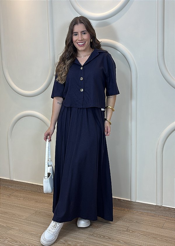 Conjunto Feminino de Linho Azul Marinho com Saia Longa e Cropped Camisa – Elegância e Conforto Atemporal