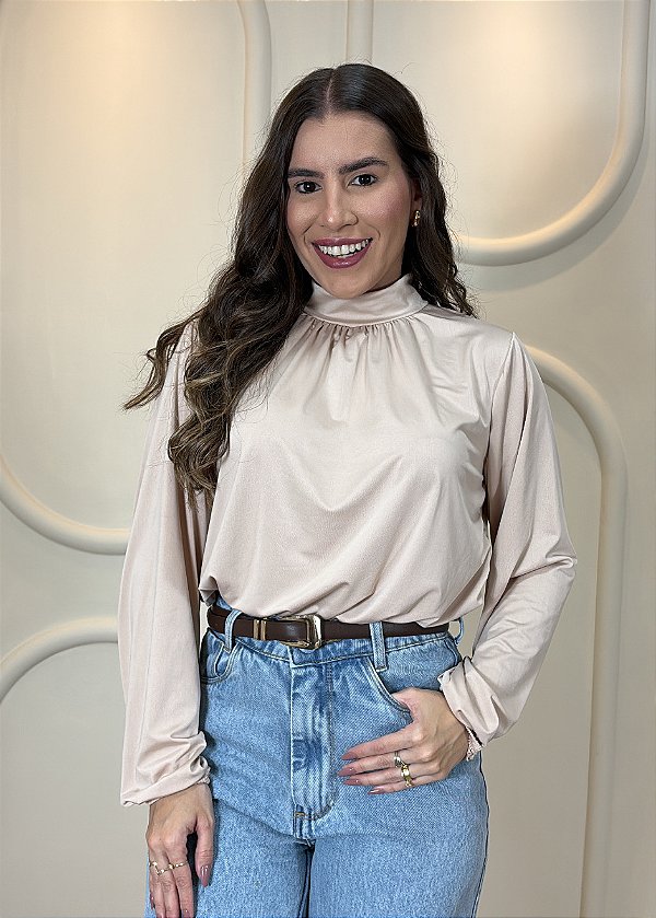 Blusa Feminina Gola Alta Nude Manga Longa Elegante