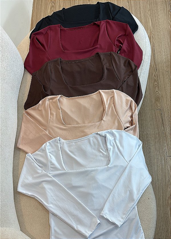 Body Feminino Gola Quadrada Manga Longa em Poliéster