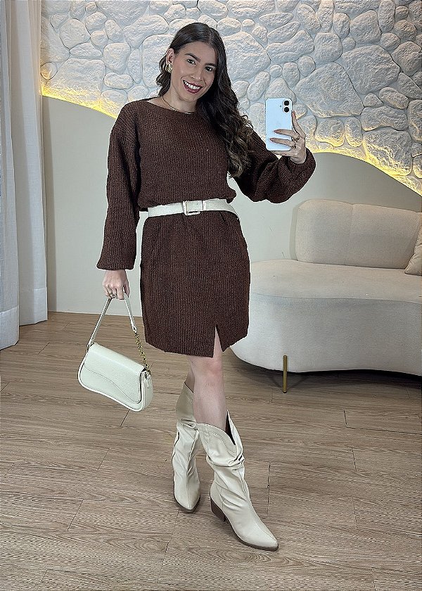 Vestido Tricô Feminino Manga Longa Marrom