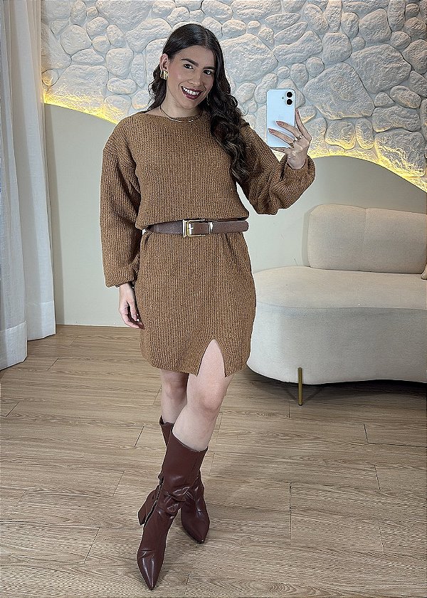 Vestido Tricô Feminino Manga Longa Nude