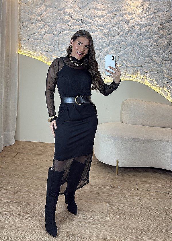 Vestido Longo Feminino em Tule com Forro - PRETO
