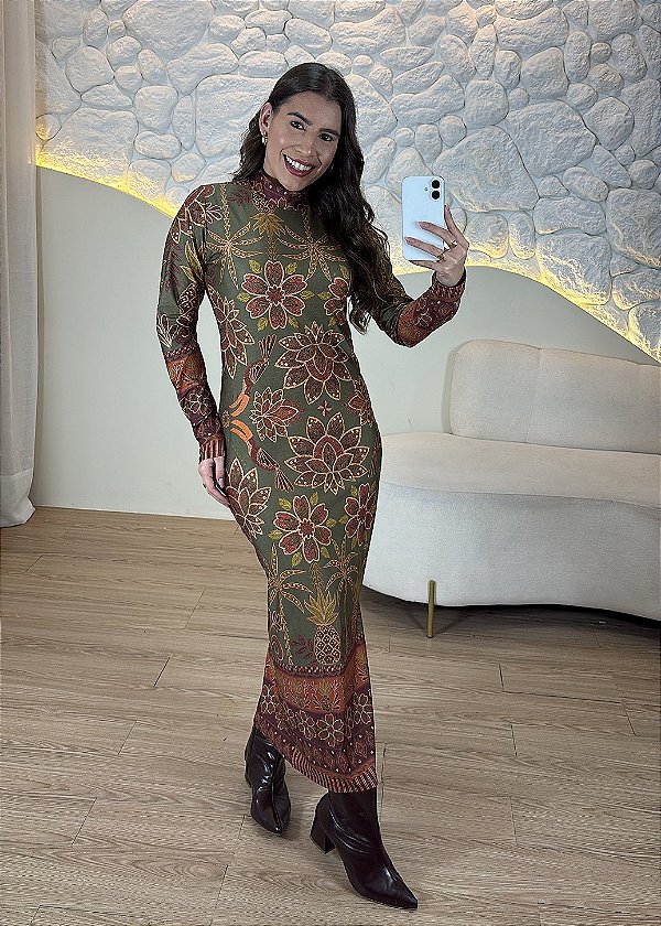 Vestido Feminino Mid Poliamida - Estampa Verde