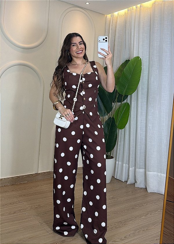 Conjunto Feminino Alfaiataria Estampa Poa - Marrom
