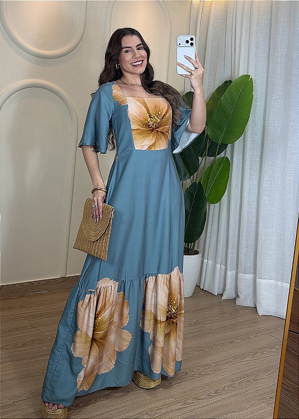 Vestido Feminino Tecido Viscolinho Decote Quadrado e Manga - Azul e Rosa