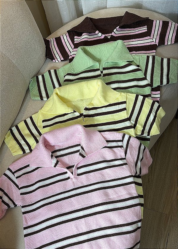 Blusa Tricô Modal Modelo Gola Polo Listrada