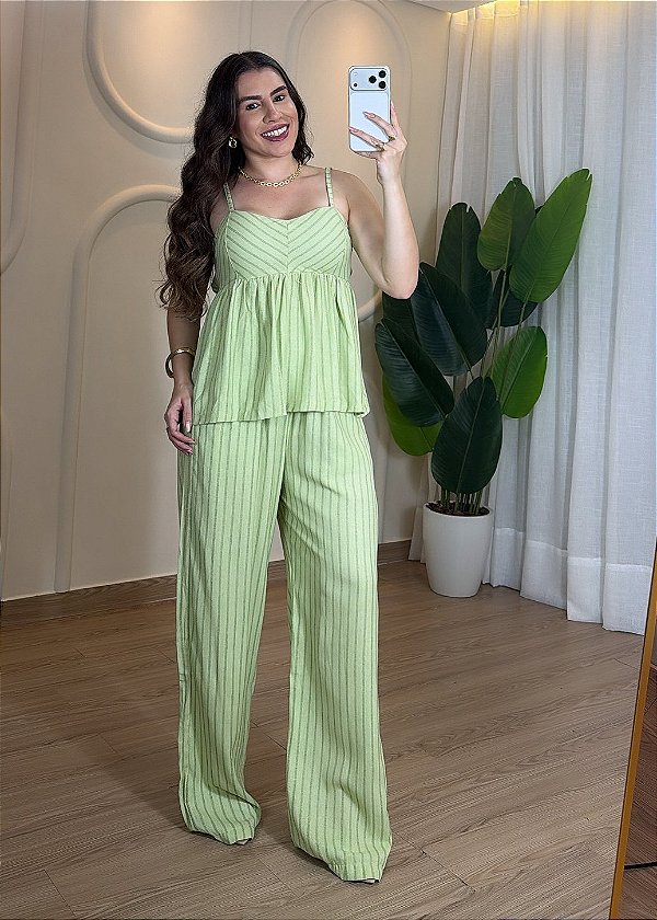 Conjunto Feminino Bata +Calça Pantalona Linho - Verde Menta