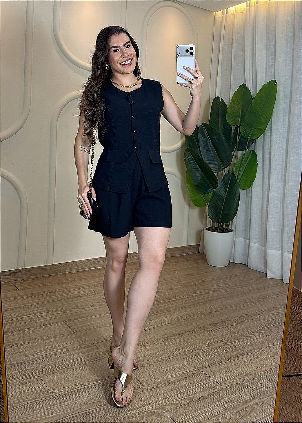 Conjunto Linho com Colete Alongado + Short - Preto
