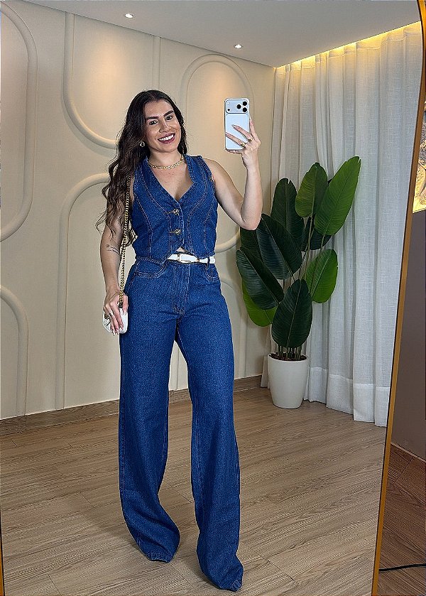 Conjunto Feminino Jeans Escuro Calça e Colete