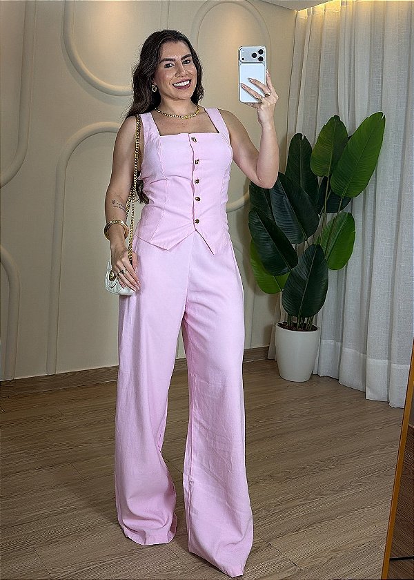 Conjunto Feminino em Tecido Marrant Colete Bojo e Calça de Elástico - Rosa Bebê