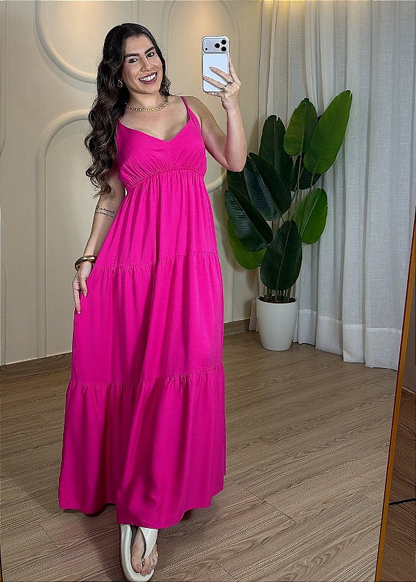 Vestido Rosa Pink em Viscose Sarjada – Decote V e Marias | Tamanho Único