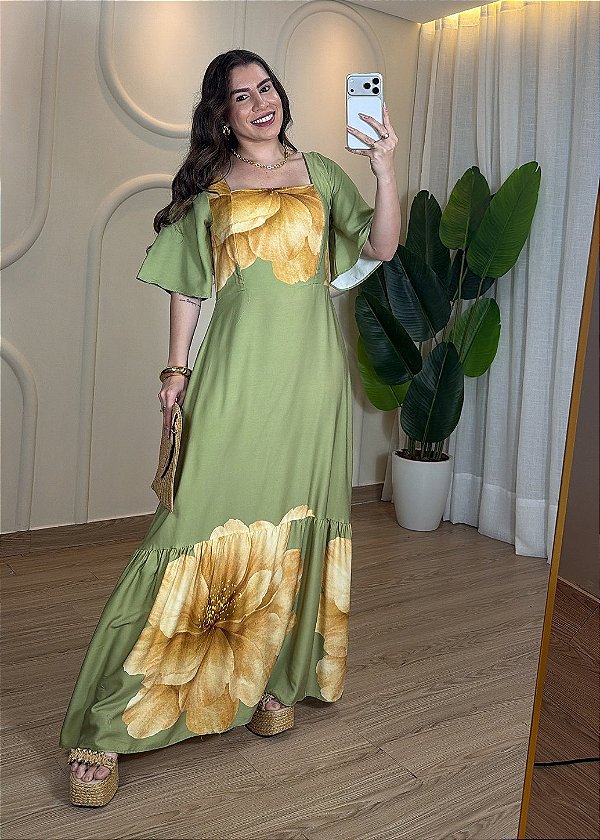 Vestido Feminino Manga Decote Quadrado Estampado Verde