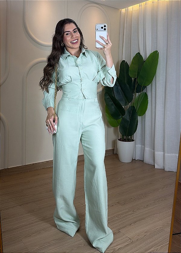 Conjunto Linho Calça Pantalona e Cropped Camisa - Verde Menta