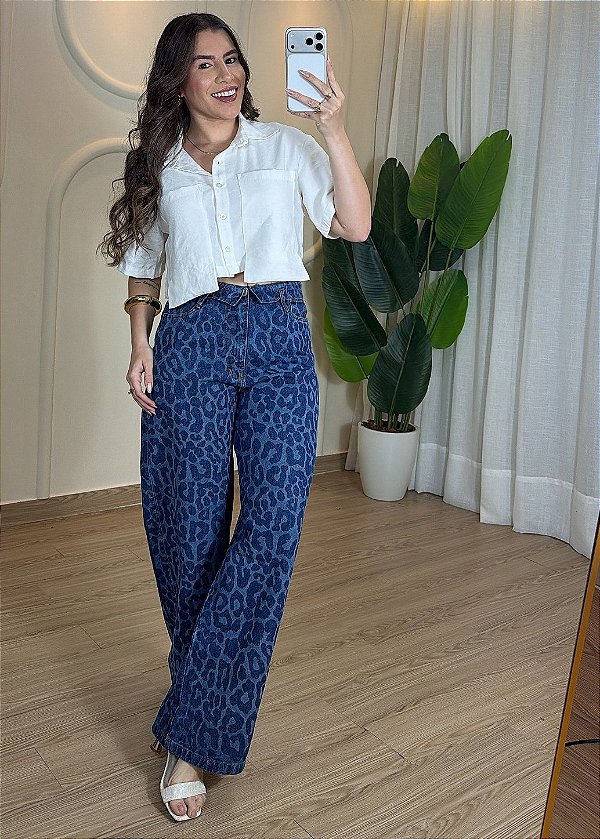 Calça Feminina Jeans Wide Ballon Cós Virado Onça