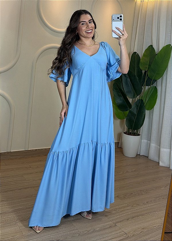 Vestido Longo Azul de Viscose Feminino com Decote V e Elasteco nas Costas – Leve e Elegante