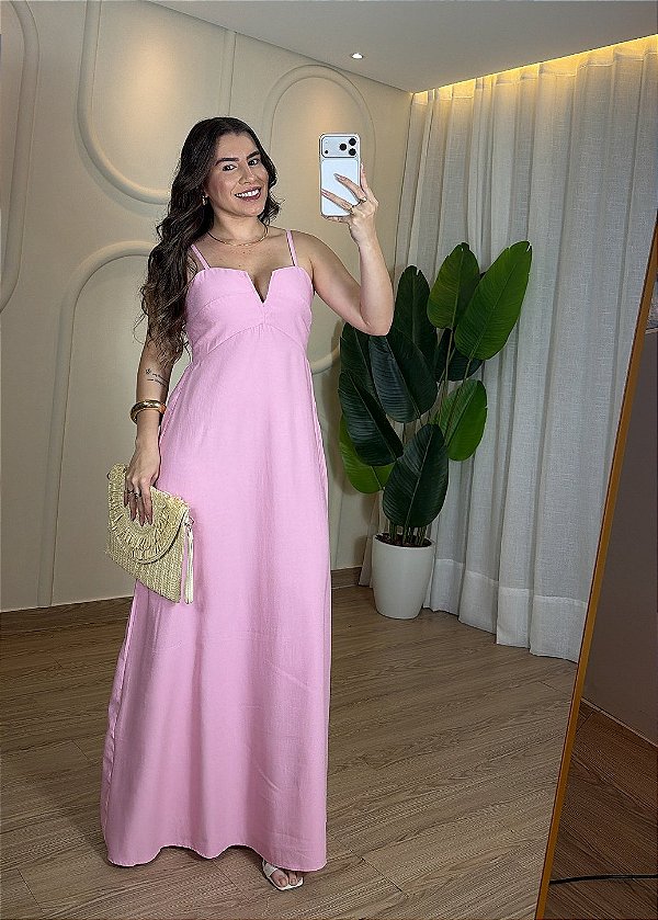 Vestido Midi de Linho - Rosa