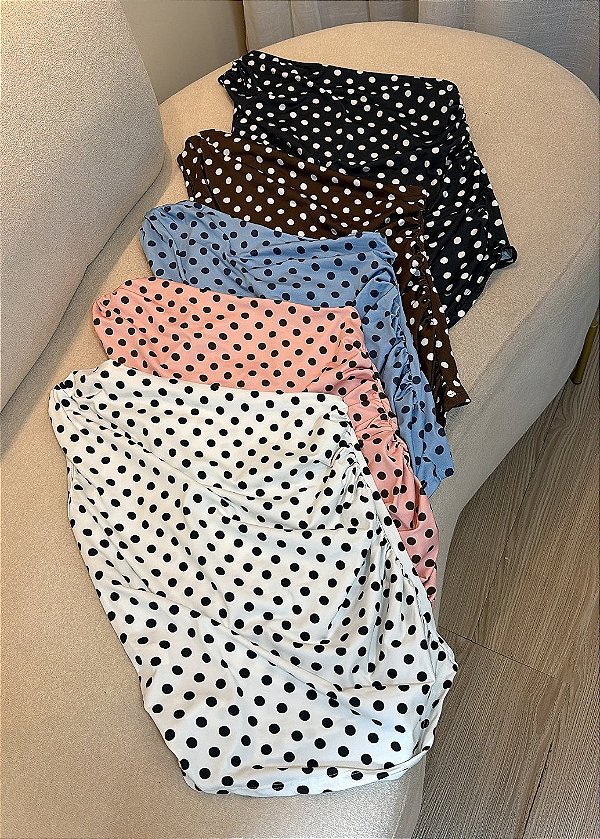 Blusa de Poliamida Poá de Um Ombro Só com Drapeado