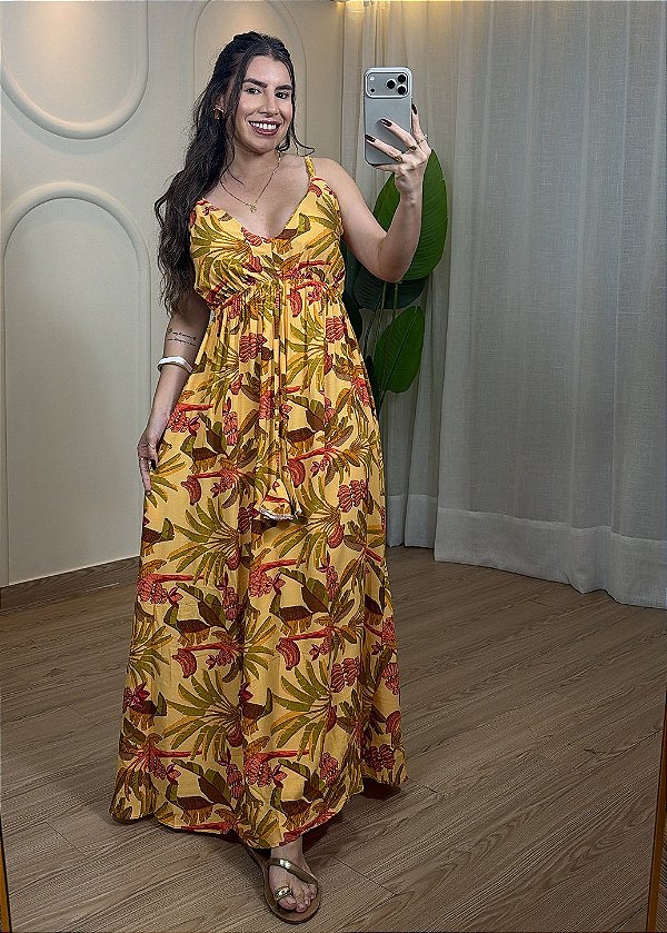 Vestido Decote V Viscolinho - Estampa Amarela