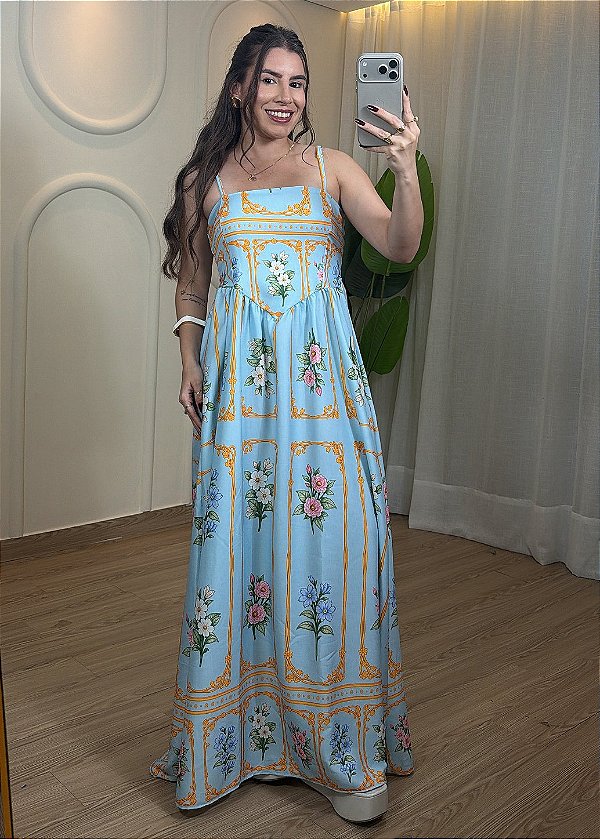 Vestido Crepe de Seda - Estampa Azul Bebê com Laranja