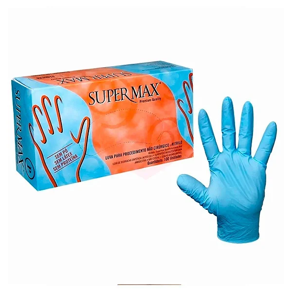 Luva Nitrílica Sem Pó Azul Tamanho G – Supermax | Uso Médico | Caixa com 100 Unidades