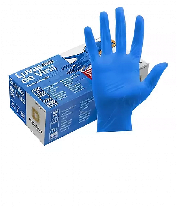 Luva Vinil sem Pó Tam P Azul Uso Médico Descarpack cx 100