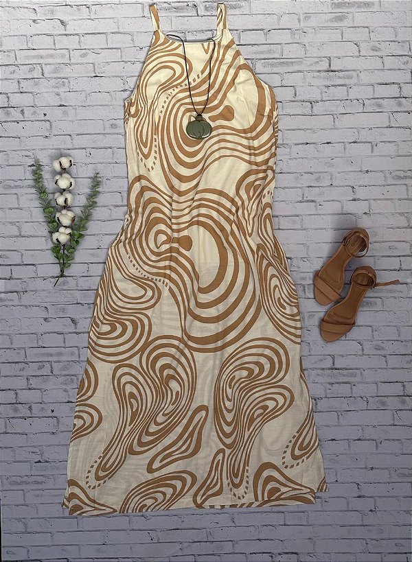 Vestido Longo Estampado em Viscose Bege e Branco