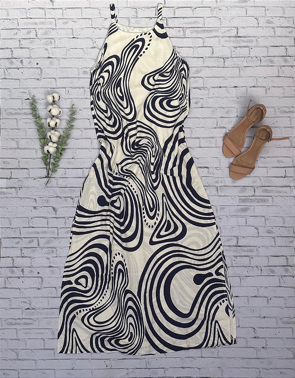 Vestido em Viscose Forrado Azul e Branco