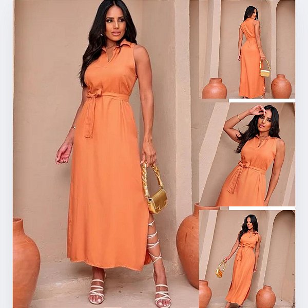 Vestido Longo de Viscolinho com Gola