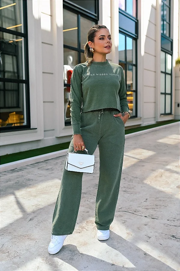 Cropped Estonado Manga Longa Verde Smiles
