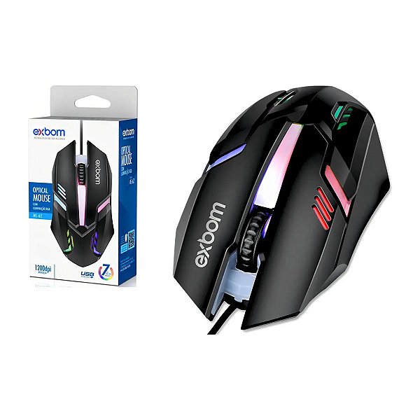 Mouse Gamer Exbom Rgb Led 7 cores USB C/ Fio Óptico 1200dpi