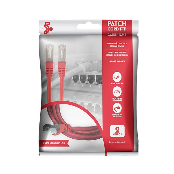 Cabo de Rede Ftp Patch Cord Cat-5E - 2M - Vermelho