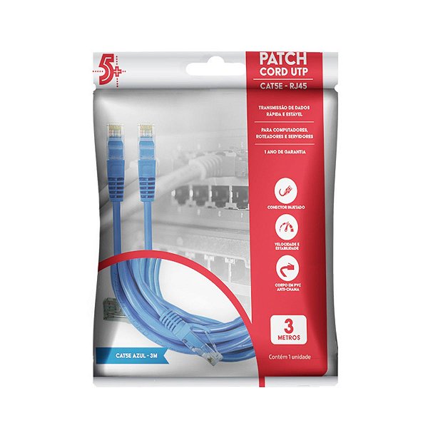 Cabo de Rede Ftp Patch Cord Cat-5E - 3M - Azul
