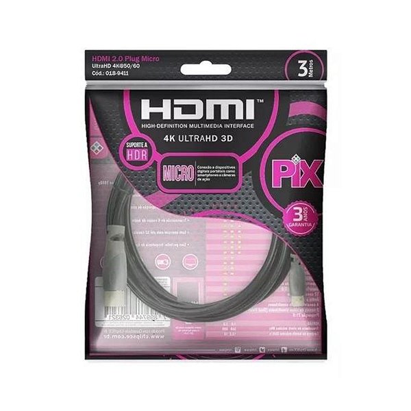 Cabo HDMI 2.0 X Micro HDMI 4k, Ultra HD 19 Pinos - 3M