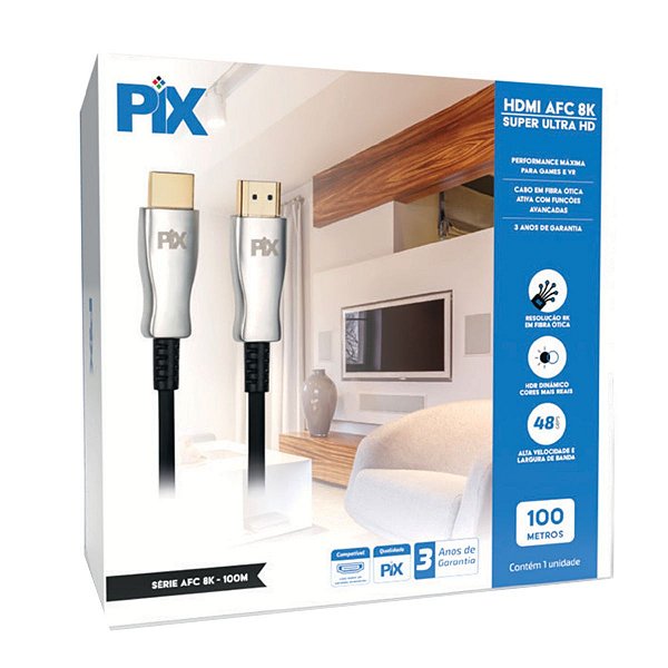 Cabo HDMI AFC 8K 2.1 Super Ultra HD Fibra Ótica Ativa - 100M