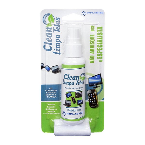 Limpa Tela Clean para Celulares Smartphones TV/LCD/DVD/TECLADO 60ML Implastec