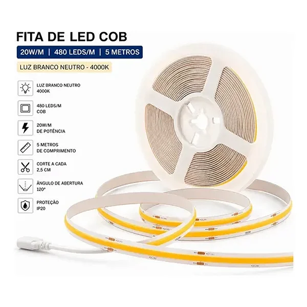 Fita LED 12V 480 Leds COB Branco Neutro 4000K IP65 5 Metros COB320D-BN-12V COB
