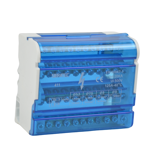 Bloco de distribuicao modular 11 furos  125A azul 4 barramento