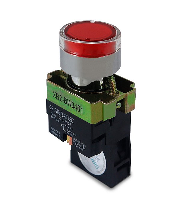 Botão de Impulso Iluminado Metálico Vermelho 22MM 1NF 24V