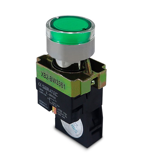 Botão de Impulso Iluminado Metálico Verde  22MM 1NA 220V