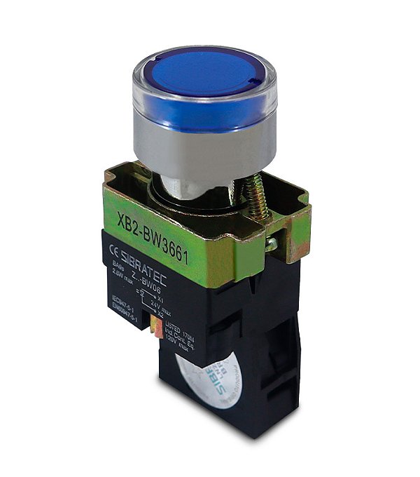 Botao de Impulso Iluminado Metalico Azul 22MM 1NA 220V